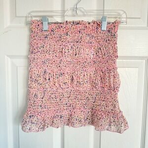 Native Daughters Smocked Tube Top Blouse Pink Floral Ruffle Trim Cottage core Sm